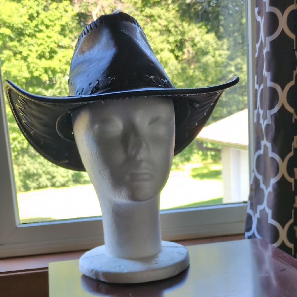 Black Faux Leather Cowboy Hat